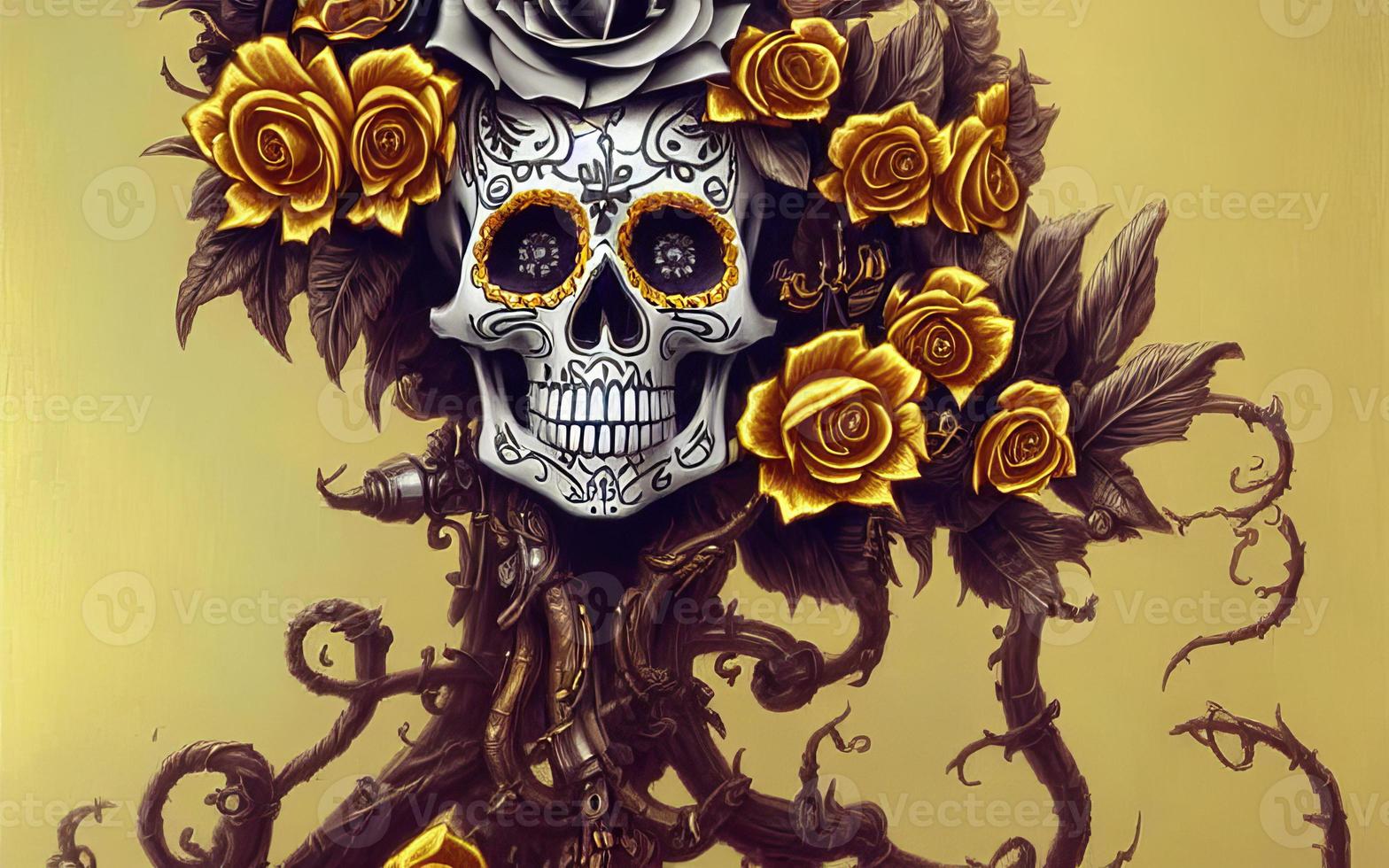 Skull made of gold with flowers  and vines spooky background for day of the dead photo