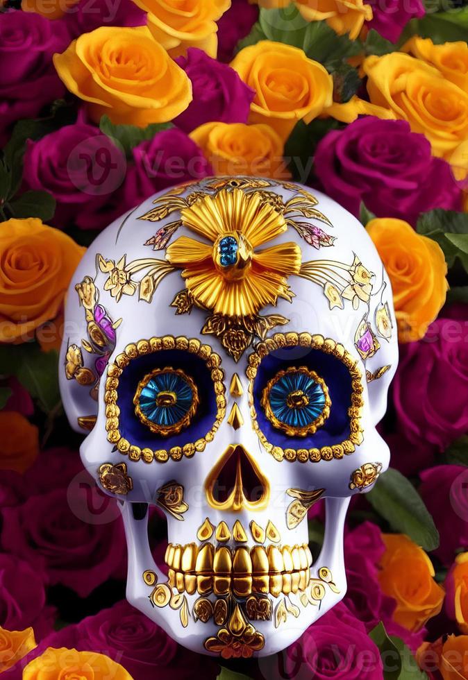 Dia de los muertos traditional calavera sugar skull decorated with flowers the day of the dead illustration photo