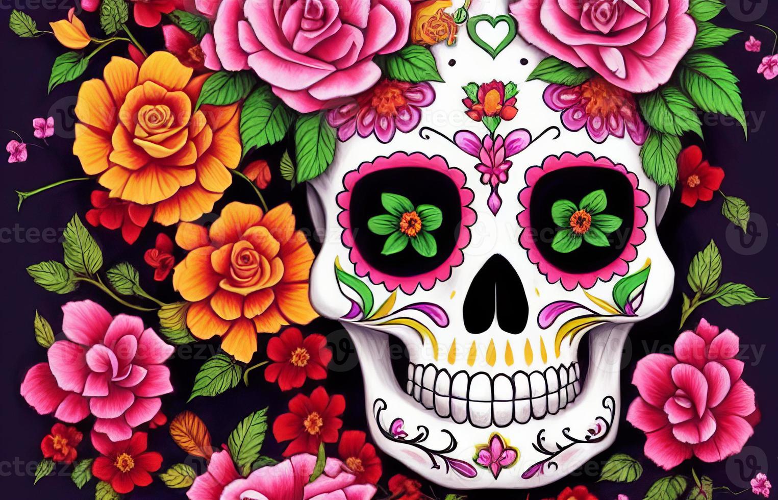 Dia de los muertos traditional calavera sugar skull decorated with flowers the day of the dead illustration photo
