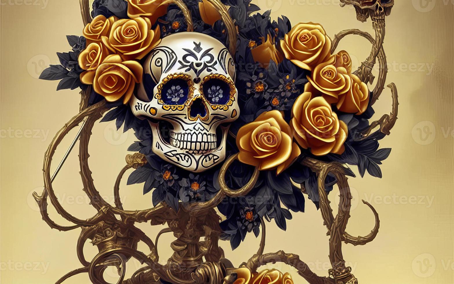Skull made of gold with flowers  and vines spooky background for day of the dead photo
