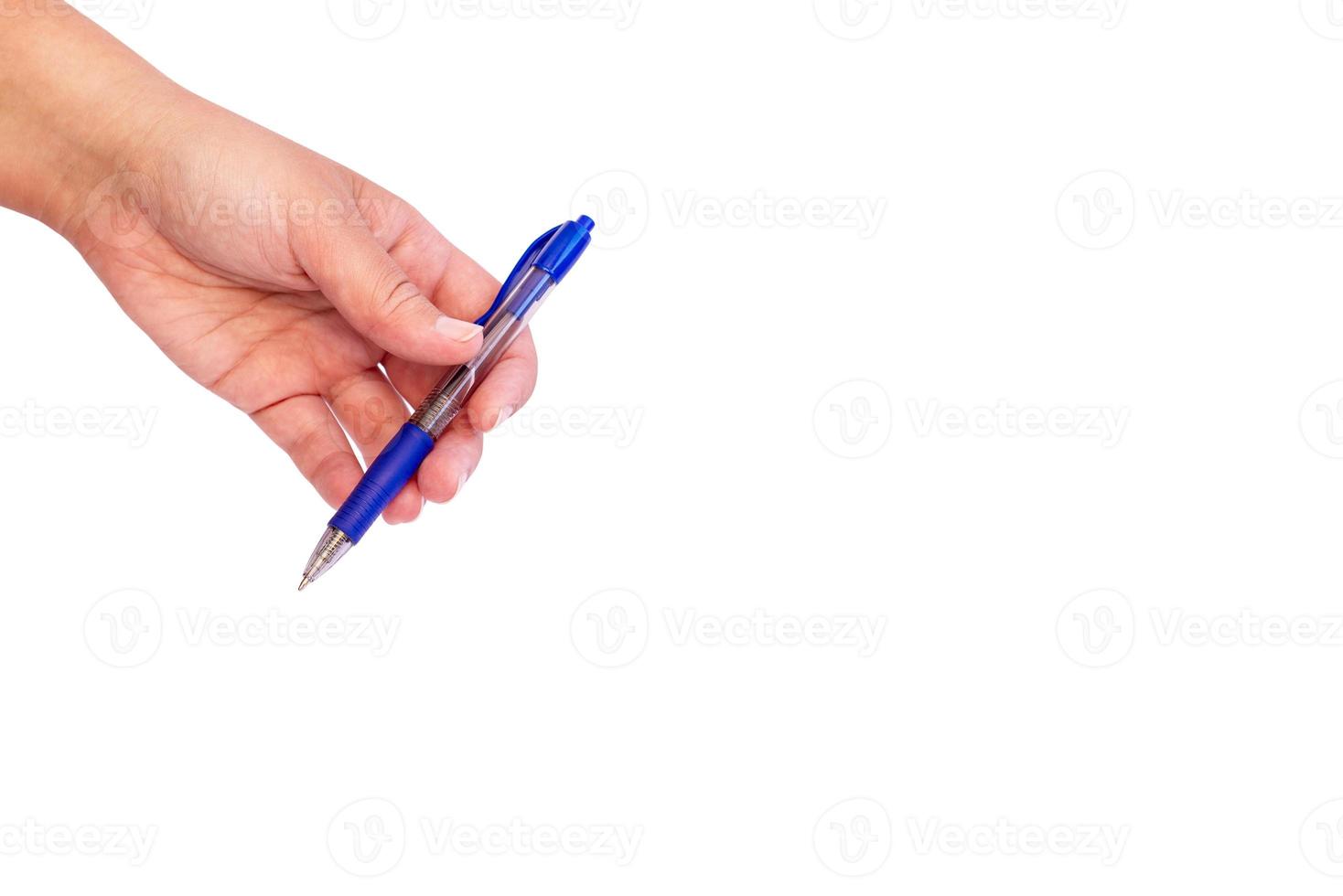 female hand holding a blue ballpoint pen on a white background photo