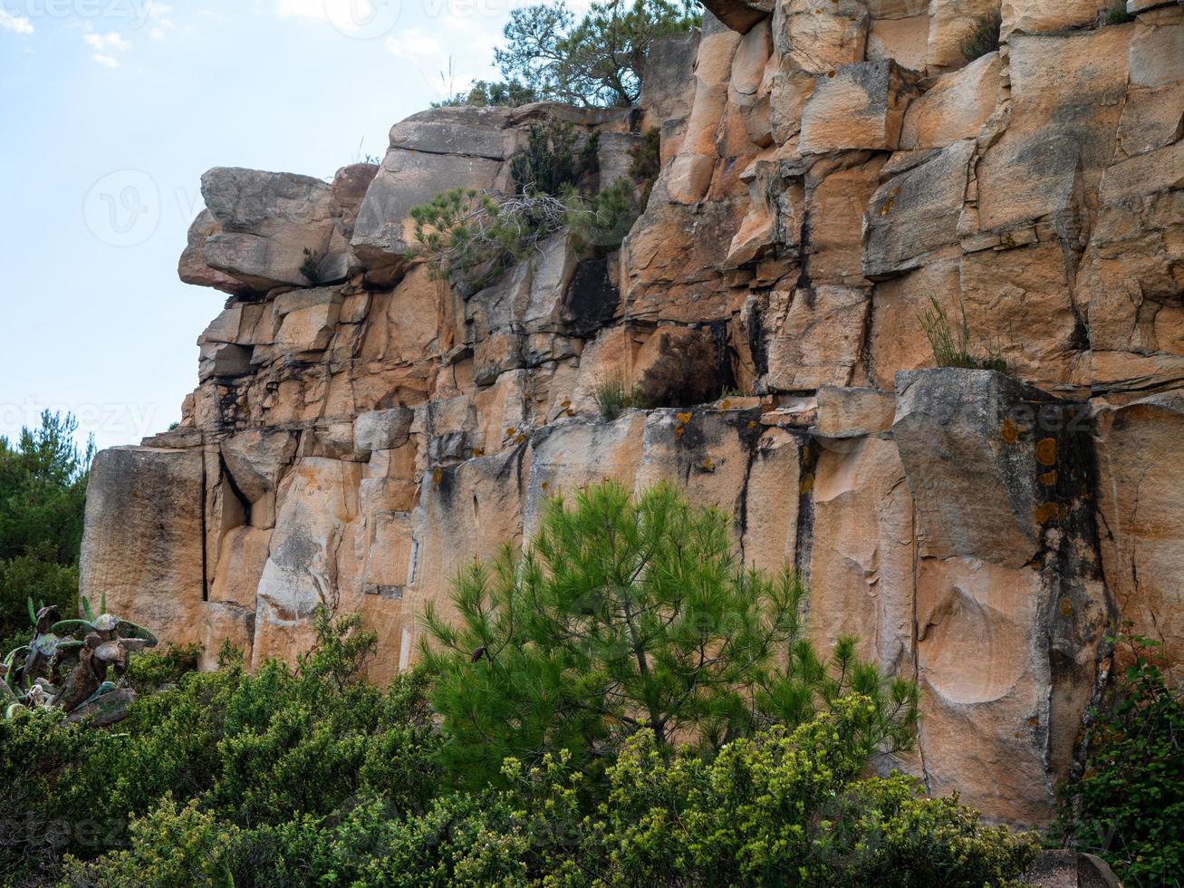view on a wall of rocks on a mountain surrounded by trees photo