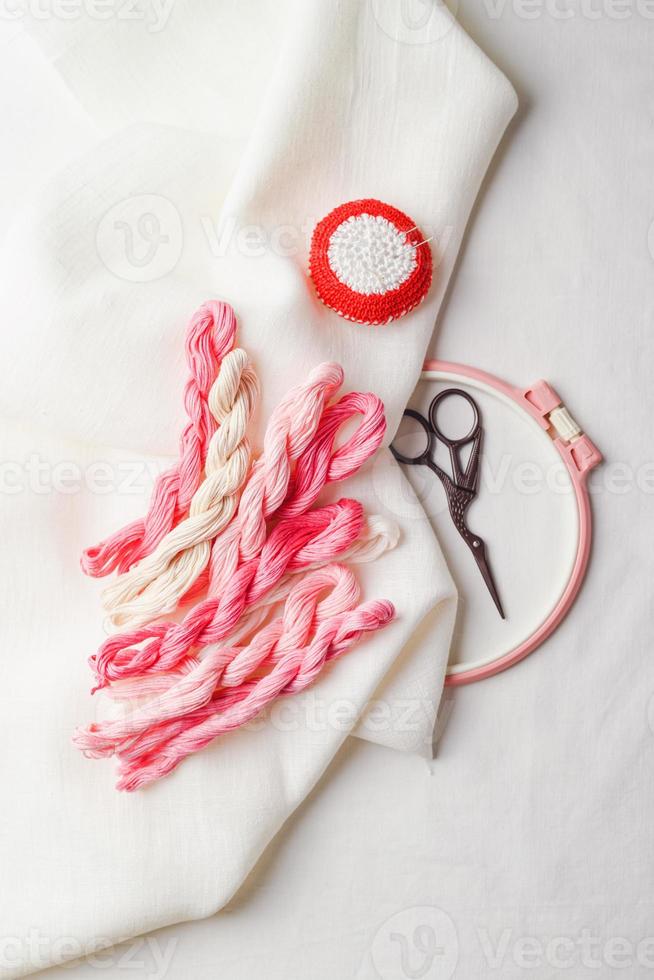 Embroidery set. Linen fabric, embroidery patterns, embroidery hoop, colorful threads and needls. photo