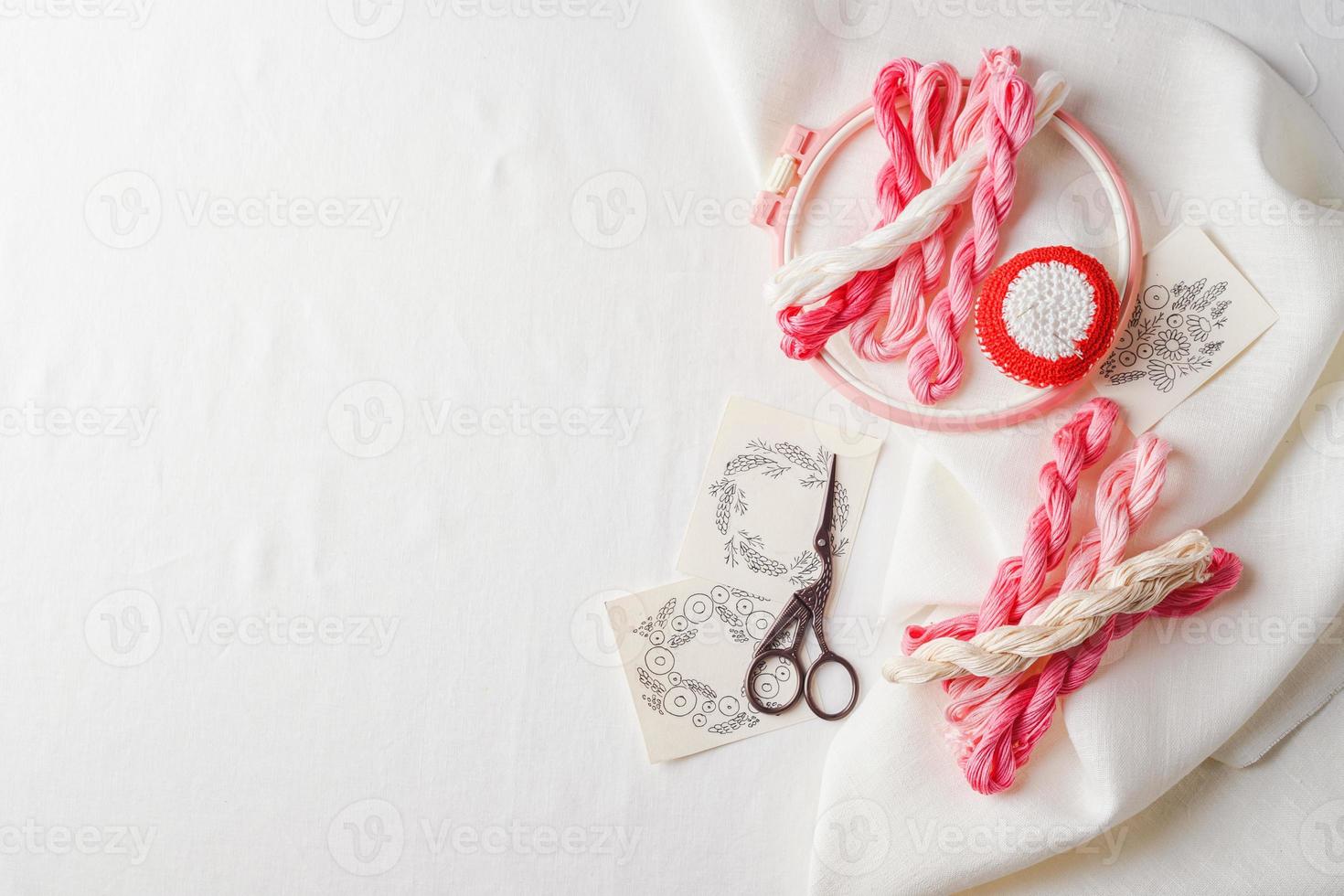 Embroidery set. Linen fabric, embroidery patterns, embroidery hoop, colorful threads and needls. photo