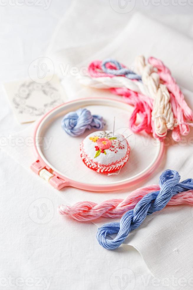 Embroidery set. Linen fabric, embroidery patterns, embroidery hoop, colorful threads and needls. photo
