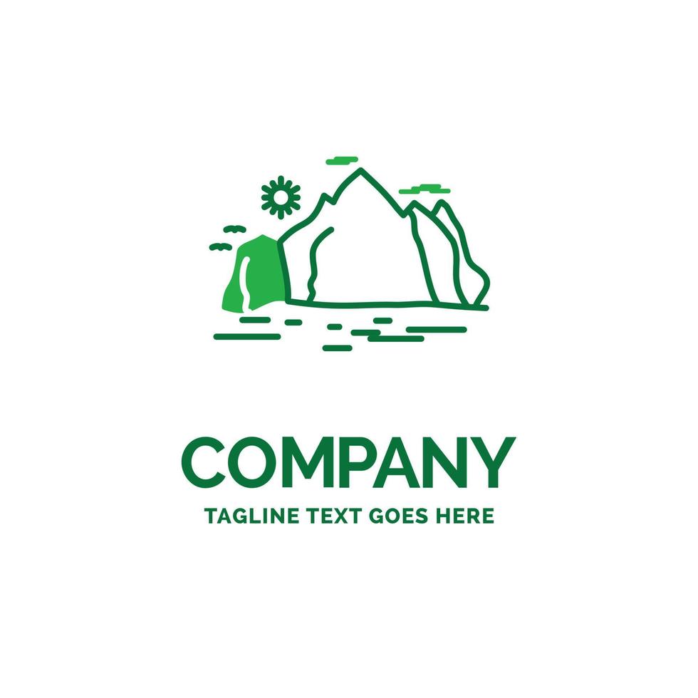 Nature. hill. landscape. mountain. scene Flat Business Logo template. Creative Green Brand Name Design. vector