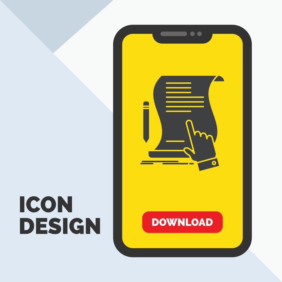 contract. document. paper. sign. agreement. application Glyph Icon in Mobile for Download Page. Yellow Background vector