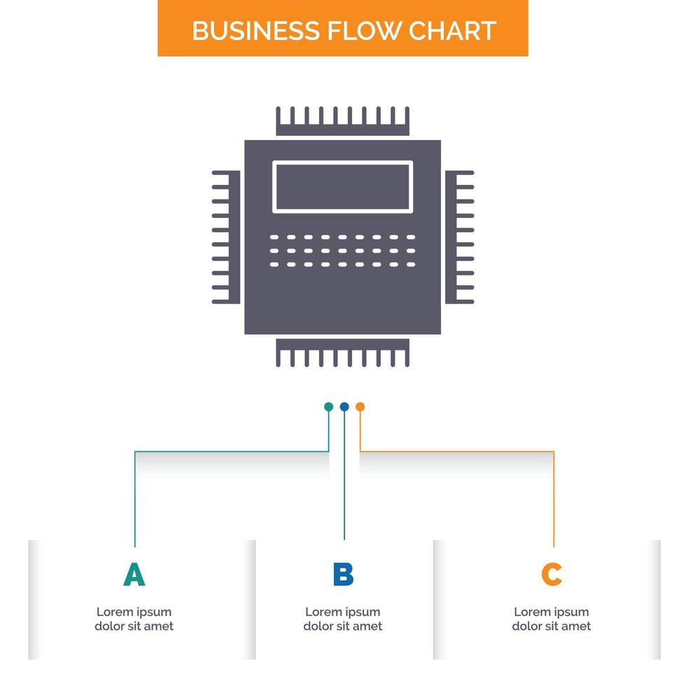 procesador. hardware. computadora. ordenador personal. diseño de diagrama de flujo de negocio de tecnología con 3 pasos. icono de glifo para el lugar de plantilla de fondo de presentación para texto. vector