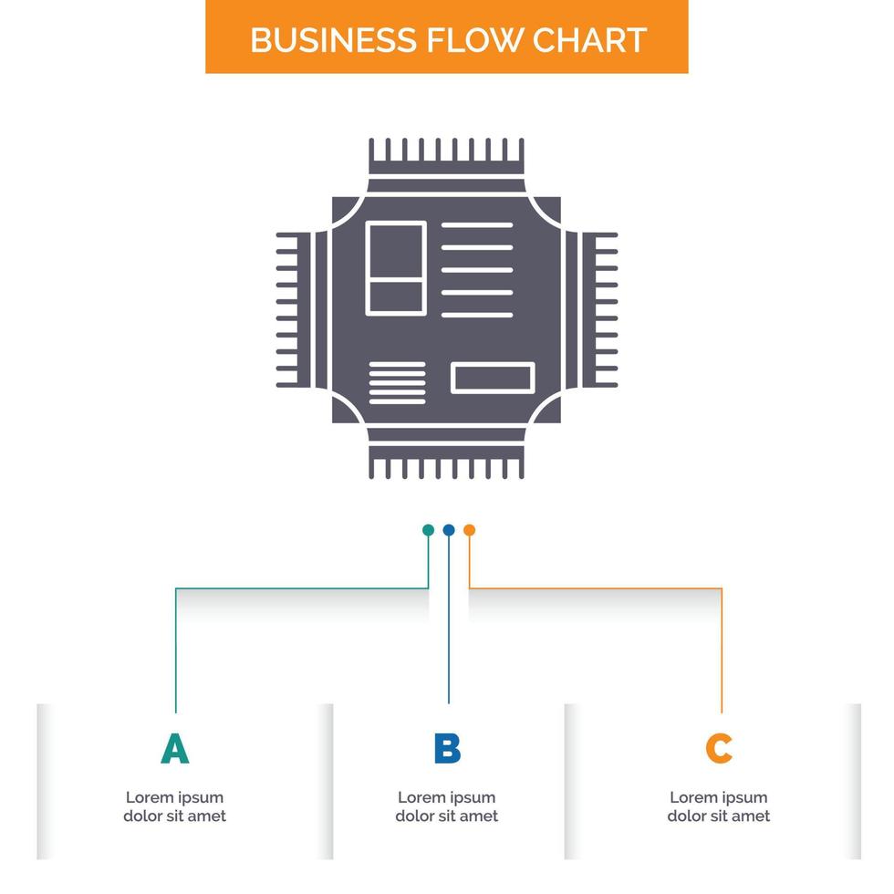 Chip. cpu. microchip. processor. technology Business Flow Chart Design with 3 Steps. Glyph Icon For Presentation Background Template Place for text. vector