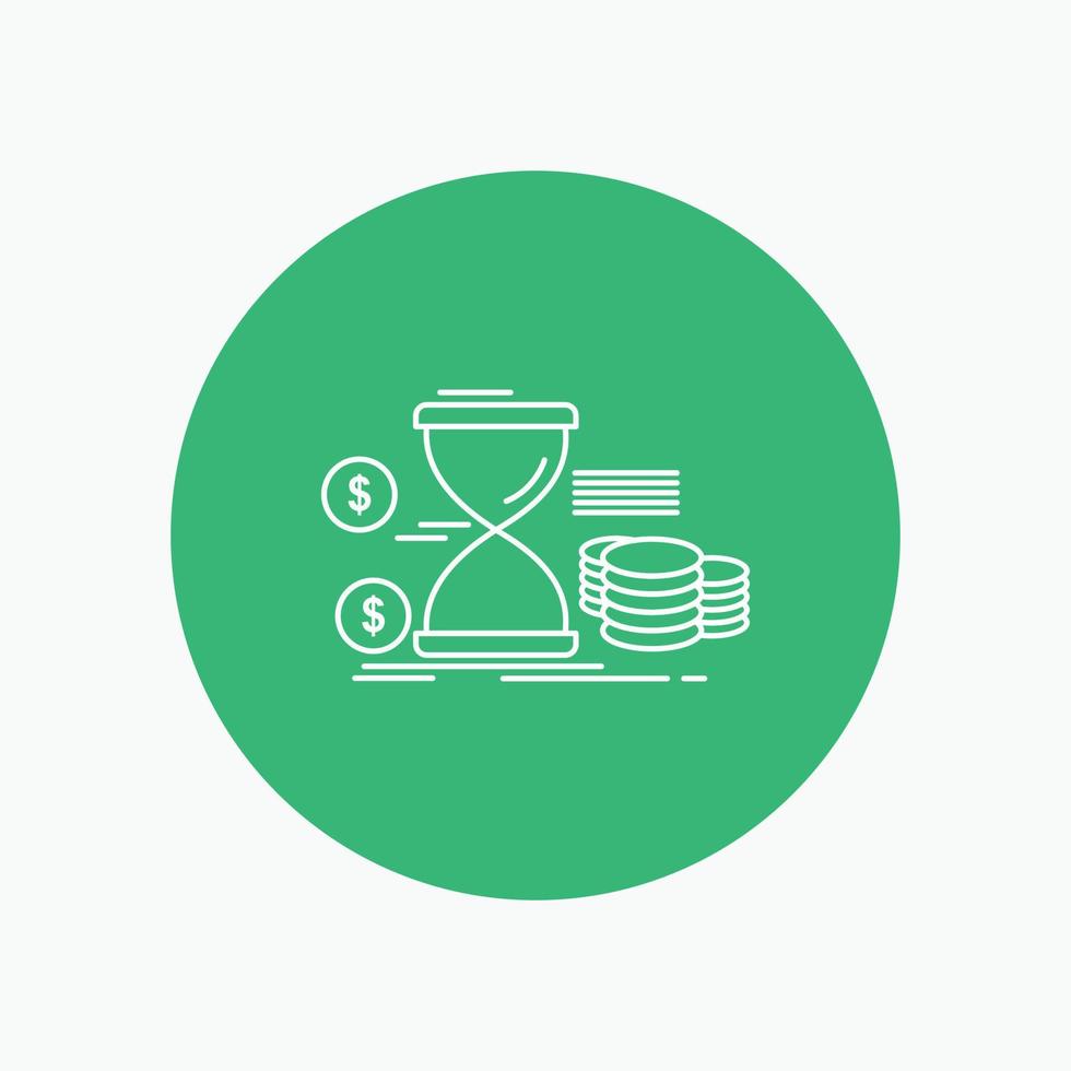 Hourglass. management. money. time. coins White Line Icon in Circle background. vector icon illustration