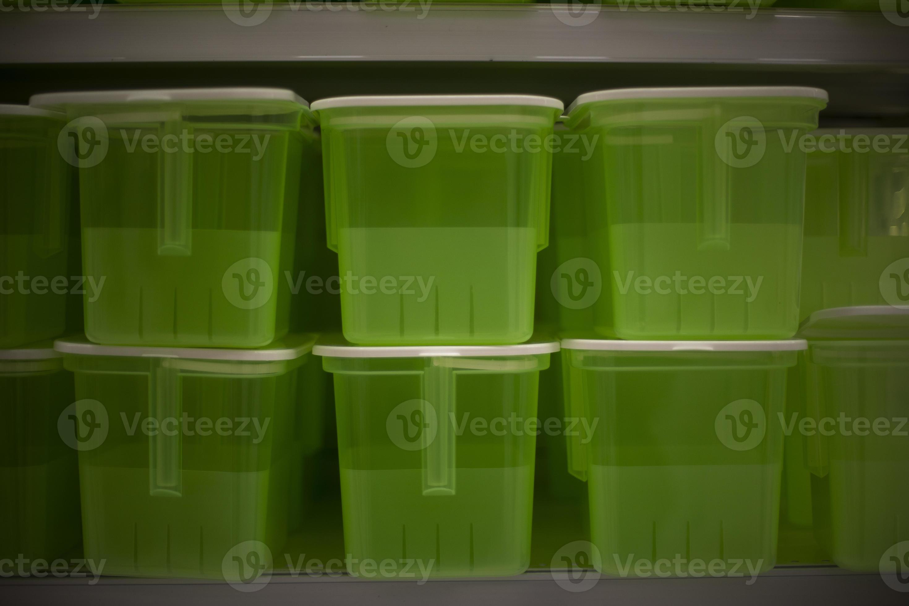 Food containers in store. Plastic boxes. Food storage tanks. Plastic