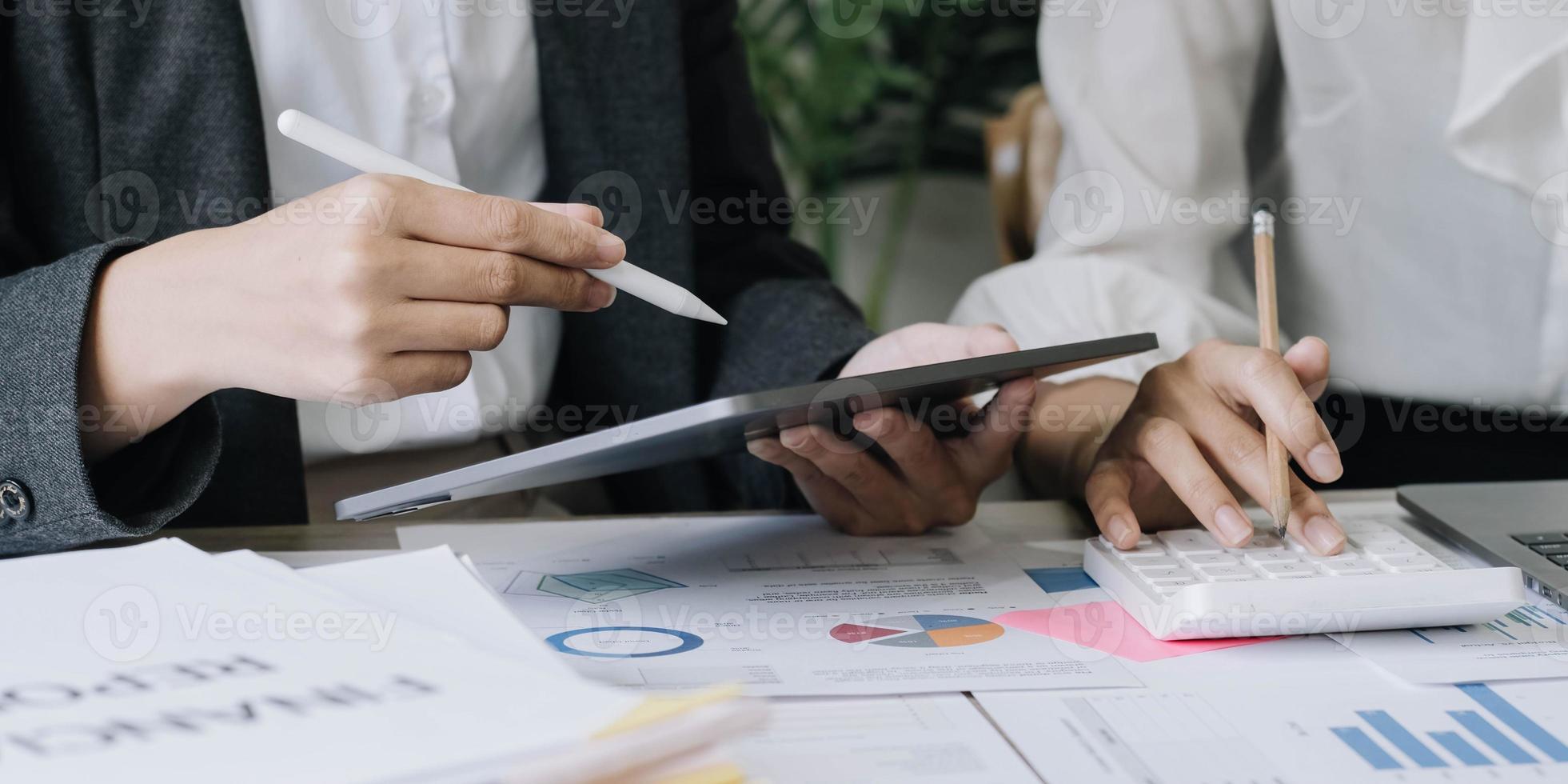 Business team collaboration discussing working analyzing with financial data and marketing growth report graph in team, presentation and brainstorming to strategy planning making profit of company. photo