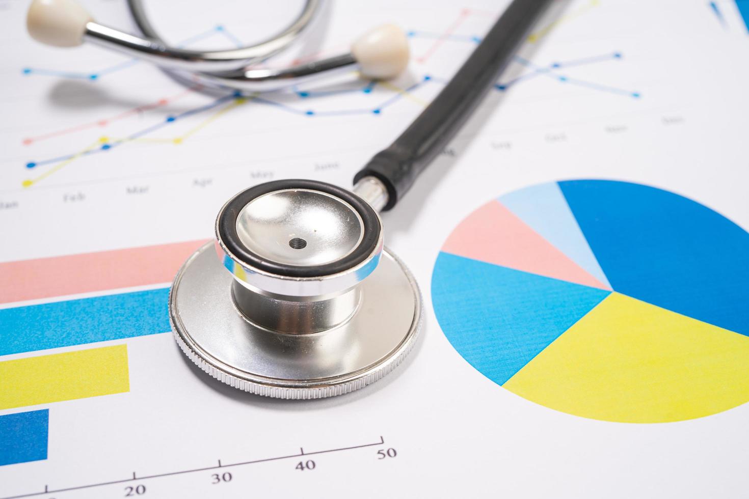 Stethoscope on charts and graphs spreadsheet paper, Finance, Account, Statistics, Investment, Analytic research data economy and Business company concept. photo