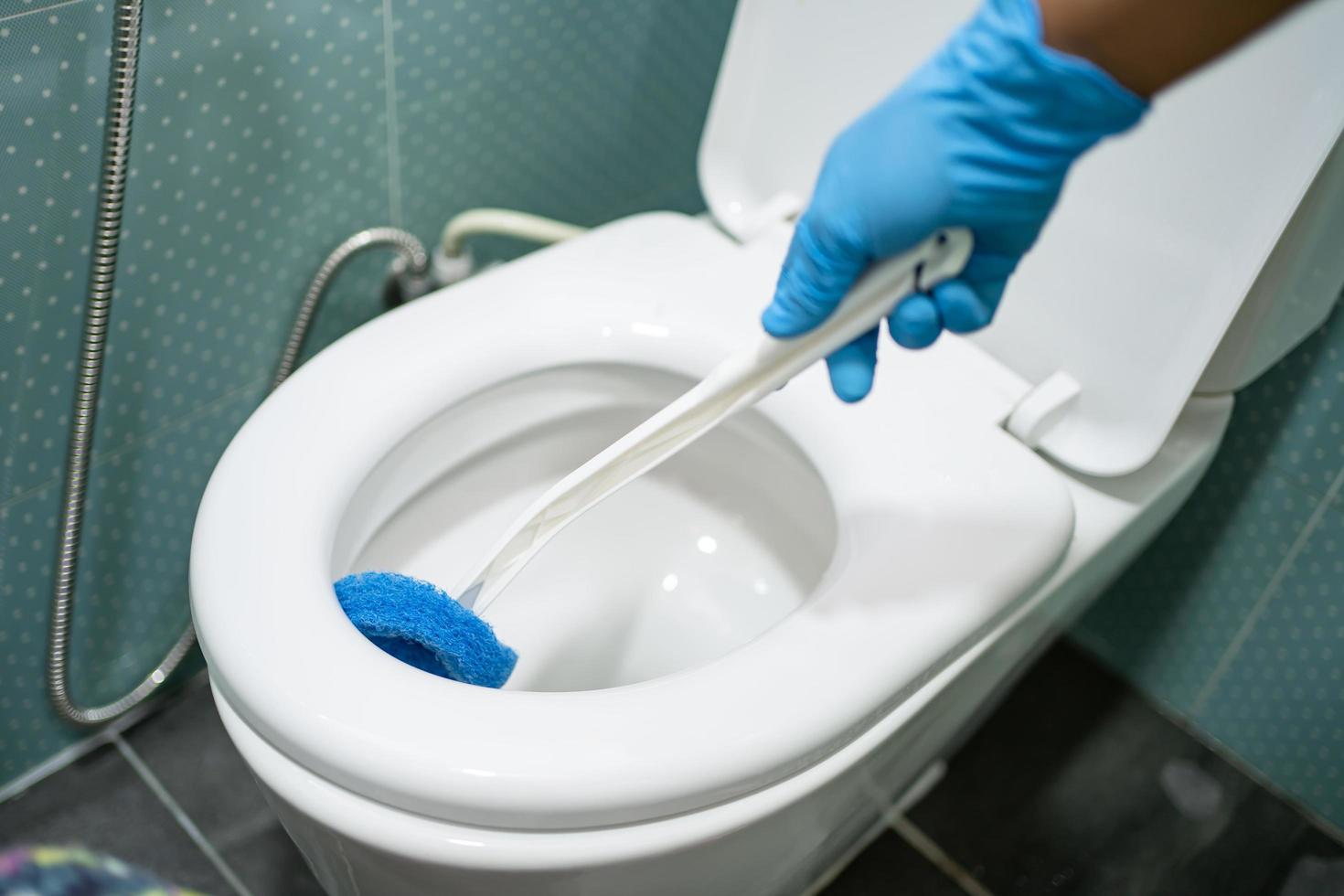 Maid cleaning toilet bowl with brush in bathroom at home. photo