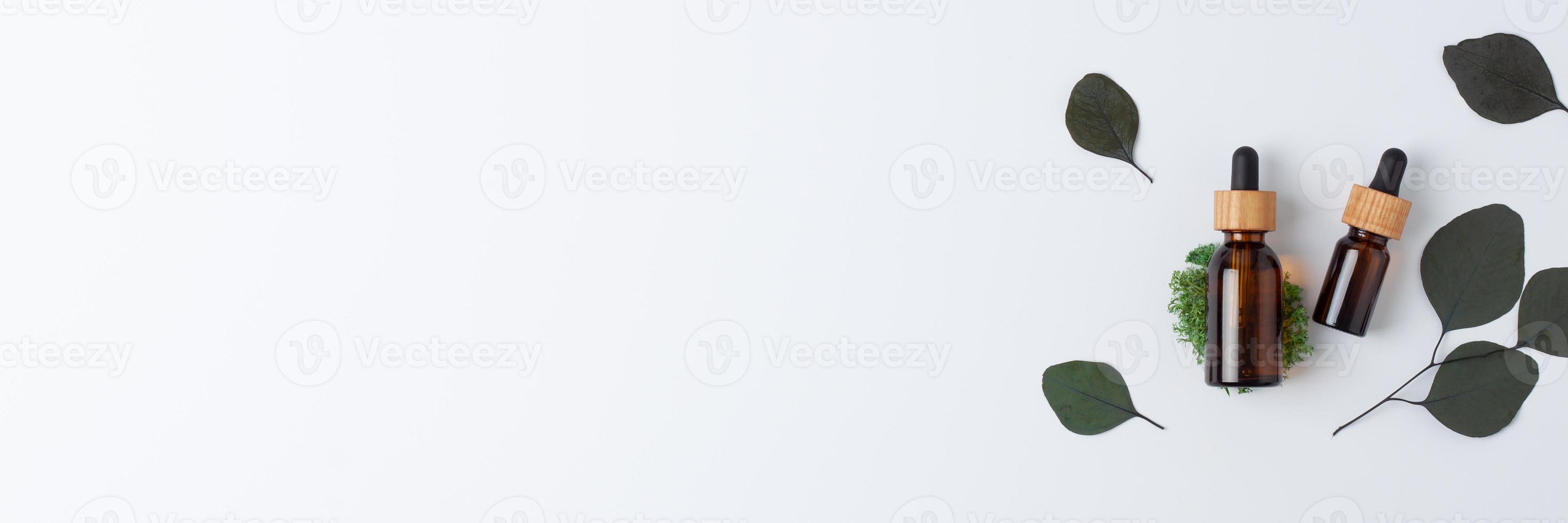 Skin care products on white background with moss, eucalyptus. Flat lay, copy space. photo