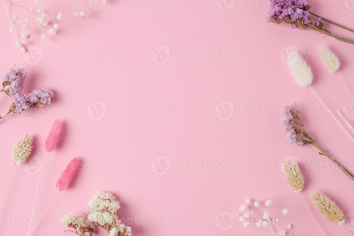 Cosmetic background with flowers on pink. Flat lay, copy space photo