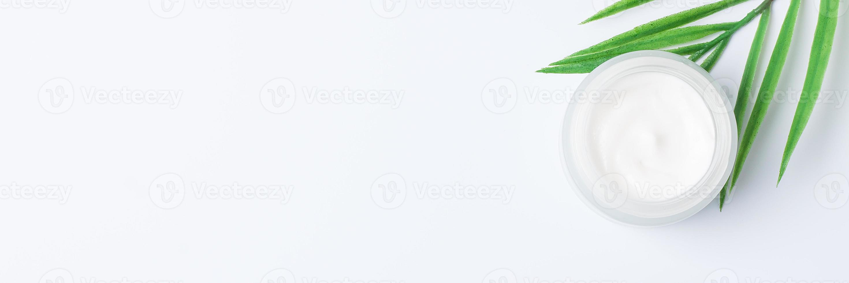 Jar of cosmetic cream with leaf palm branch on white background. Flat lay, copy space photo