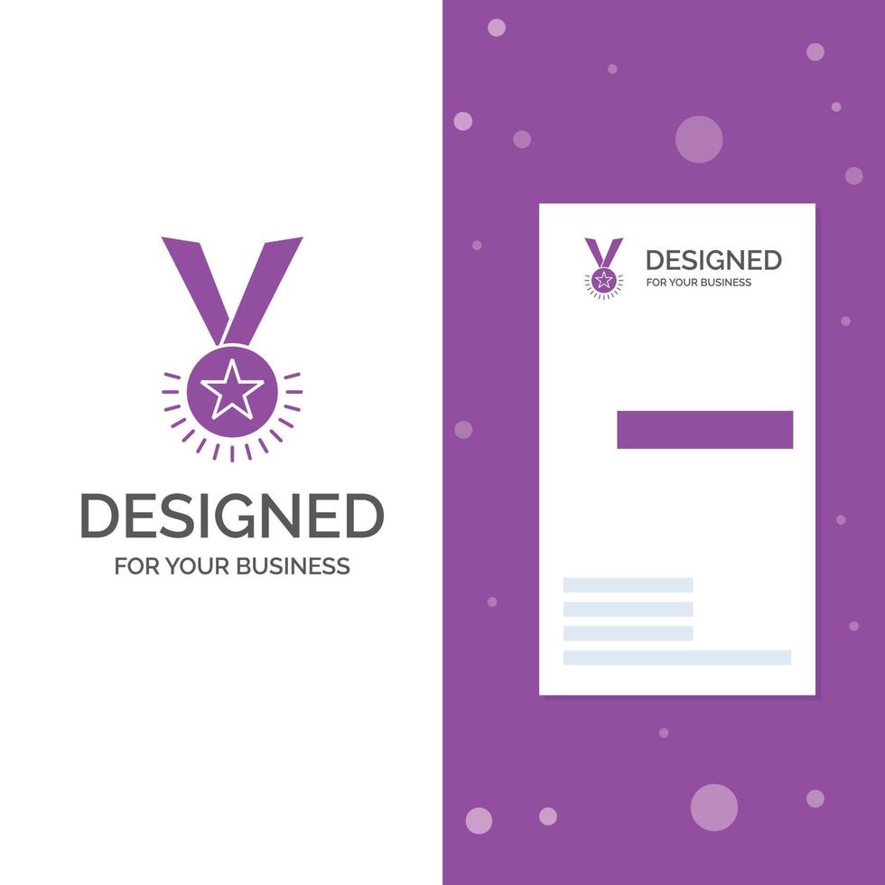 logotipo de empresa para premio. honor. medalla. rango. reputación. cinta. plantilla de tarjeta de visita de negocio púrpura vertical. ilustración de vector de fondo creativo