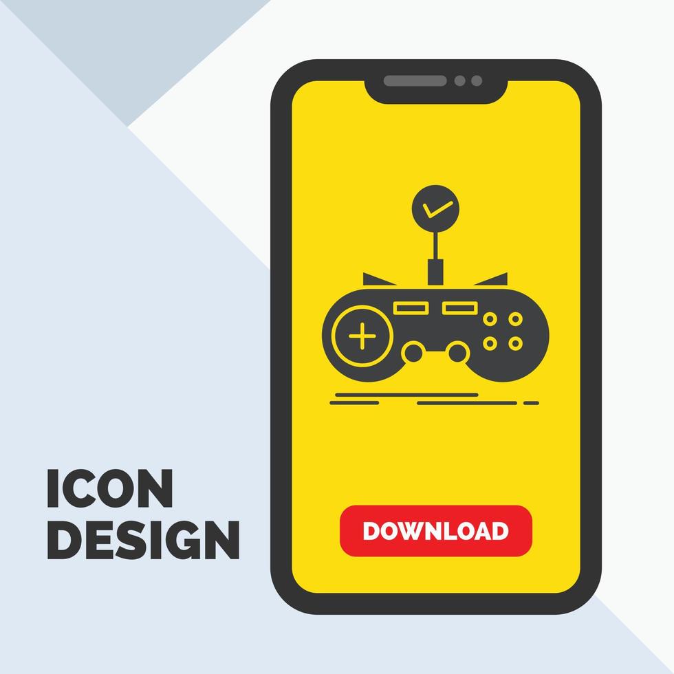 Check. controller. game. gamepad. gaming Glyph Icon in Mobile for Download Page. Yellow Background vector