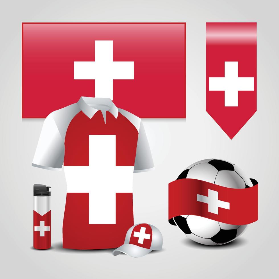 Switzerland Country Flag place on T-Shirt. Lighter. Soccer Ball. Football and Sports Hat vector