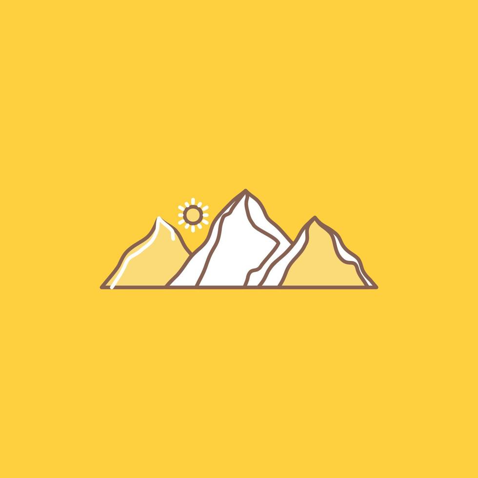 Cerro. paisaje. naturaleza. montaña. icono lleno de línea plana de sol. hermoso botón de logotipo sobre fondo amarillo para ui y ux. sitio web o aplicación móvil vector