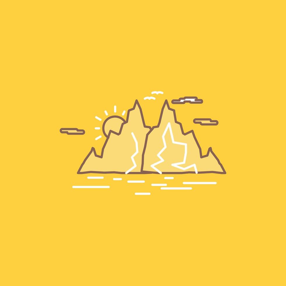 Nature. hill. landscape. mountain. water Flat Line Filled Icon. Beautiful Logo button over yellow background for UI and UX. website or mobile application vector
