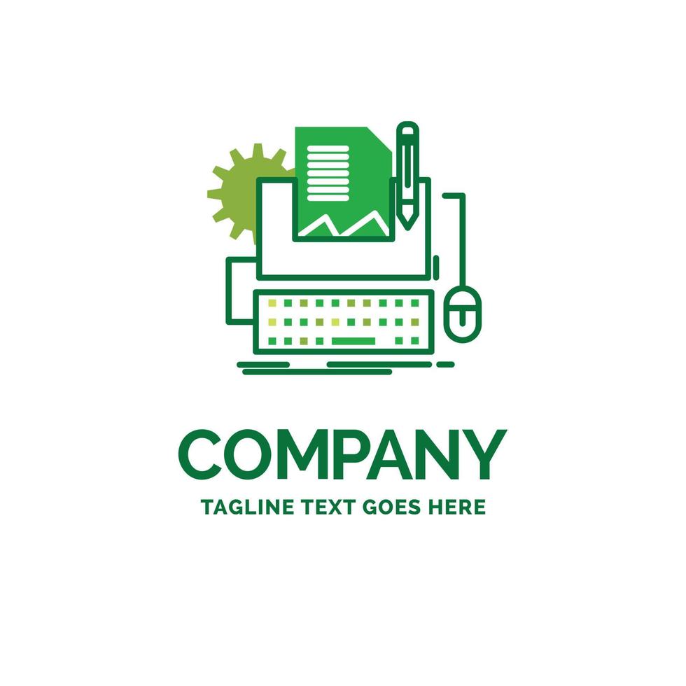 Type Writer. paper. computer. paper. keyboard Flat Business Logo template. Creative Green Brand Name Design. vector