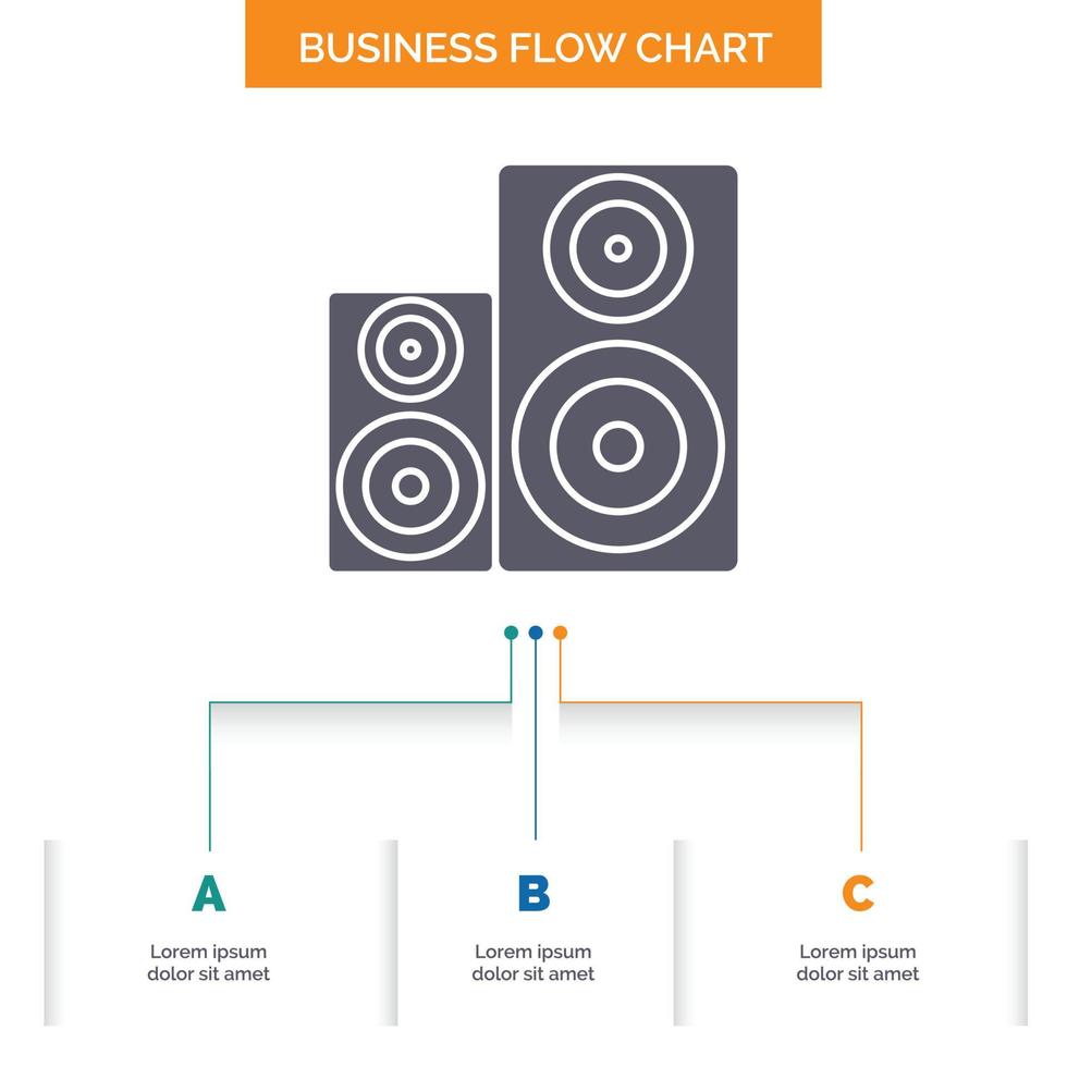 Audio. hifi. monitor. speaker. studio Business Flow Chart Design with 3 Steps. Glyph Icon For Presentation Background Template Place for text. vector