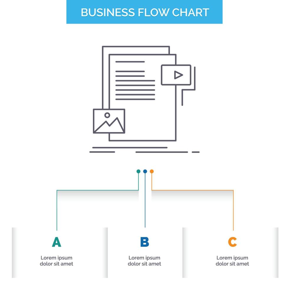 data. document. file. media. website Business Flow Chart Design with 3 Steps. Line Icon For Presentation Background Template Place for text vector