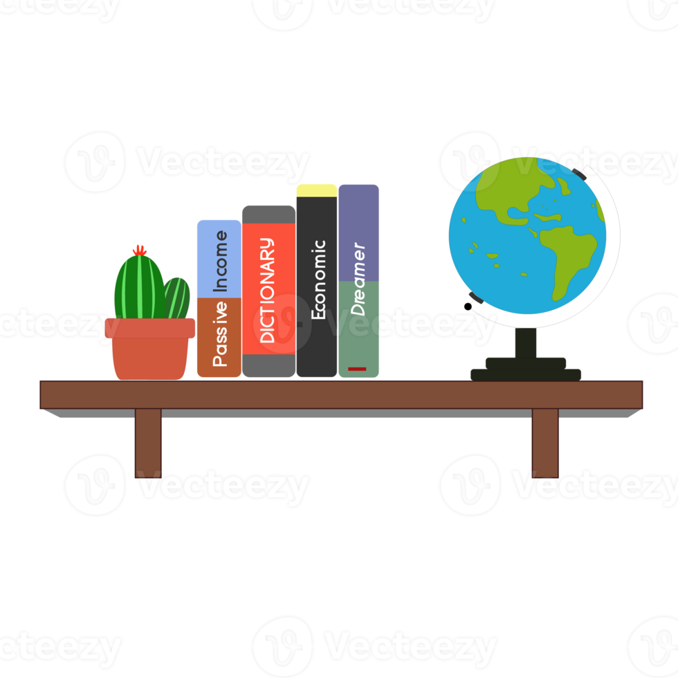 l'étagère murale se compose de livres commerciaux et financiers, de cactus et de globes miniatures png