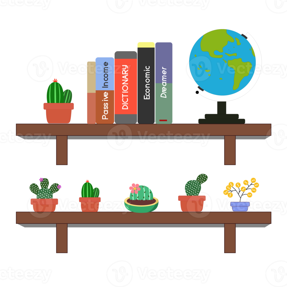 The wall shelf consists of business and financial books, cactus plants and miniature globes png