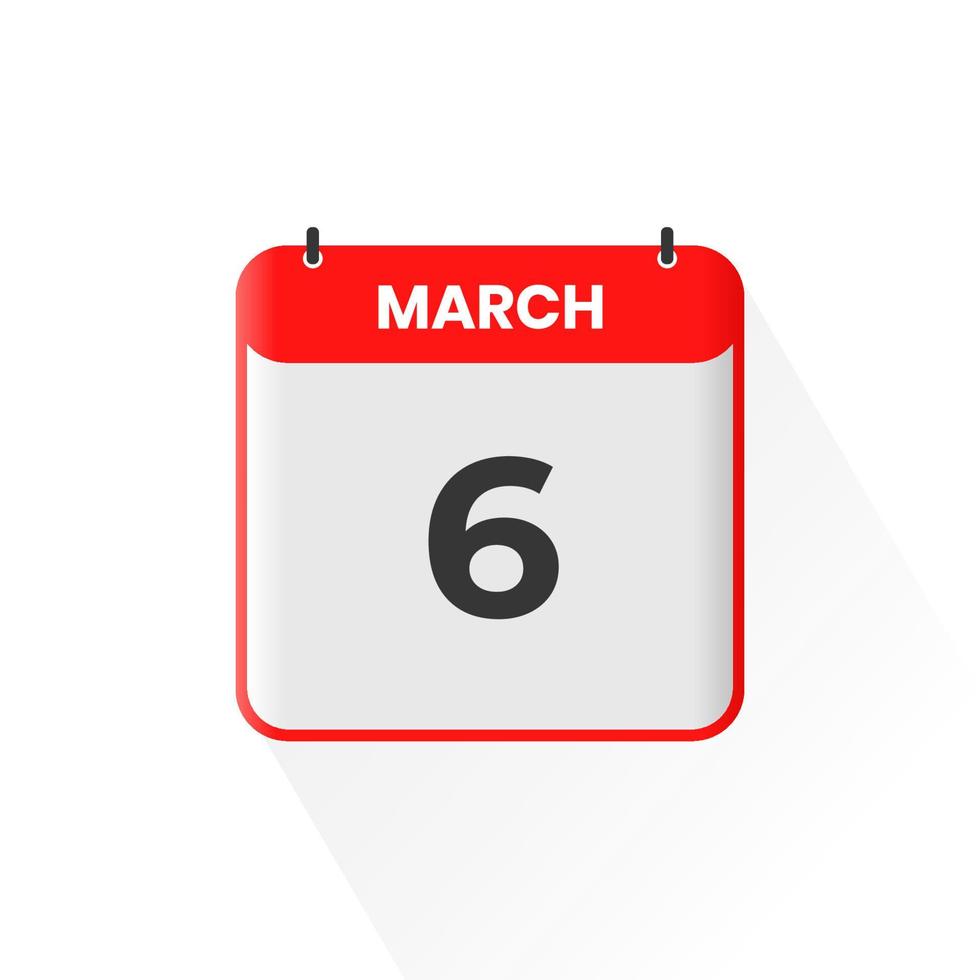 6th March calendar icon. March 6 calendar Date Month icon vector illustrator