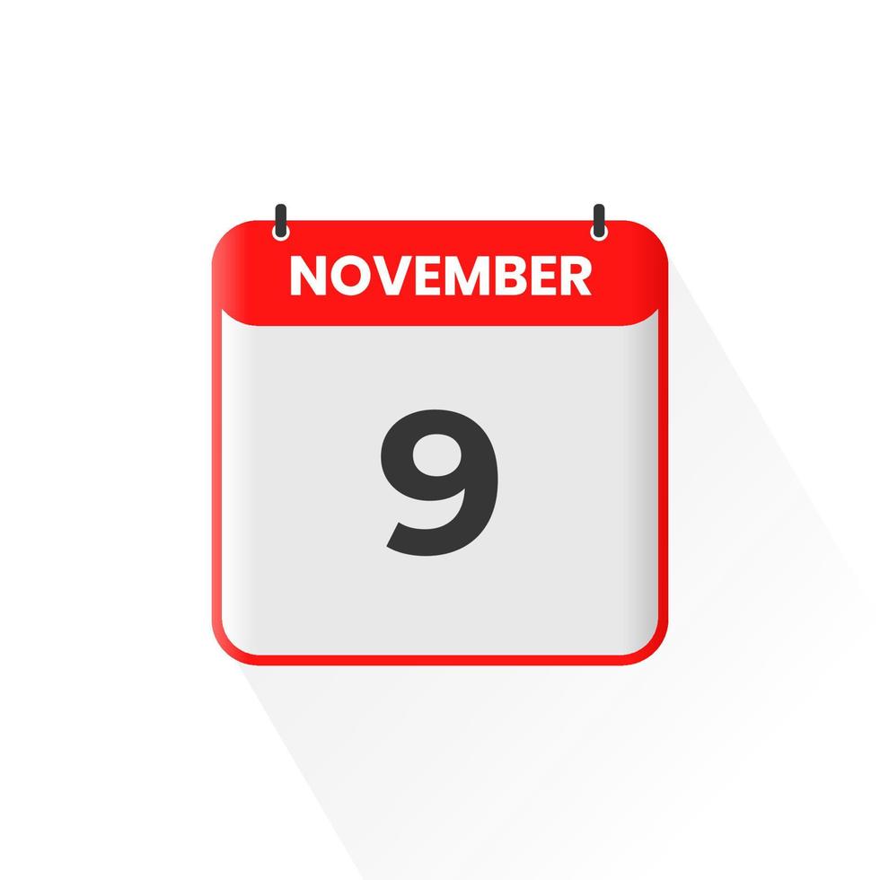 9th November calendar icon. November 9 calendar Date Month icon vector illustrator