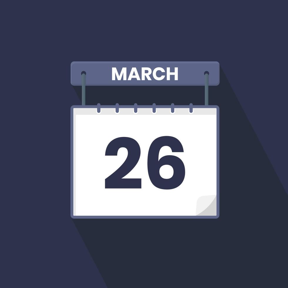 26th March calendar icon. March 26 calendar Date Month icon vector illustrator