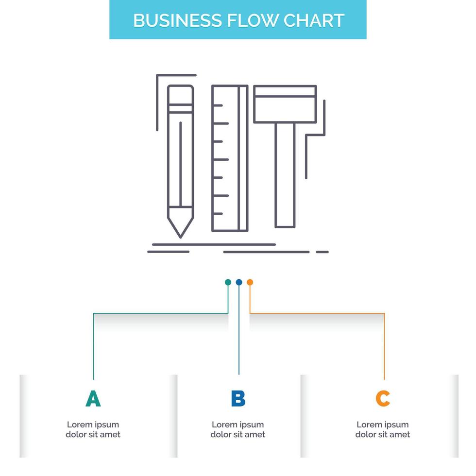Design. designer. digital. tools. pencil Business Flow Chart Design with 3 Steps. Line Icon For Presentation Background Template Place for text vector