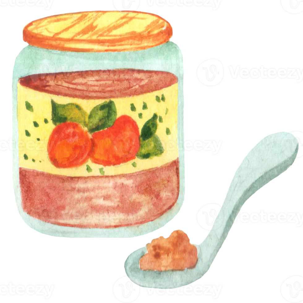 Watercolor  jar of apple jam with a spoon png
