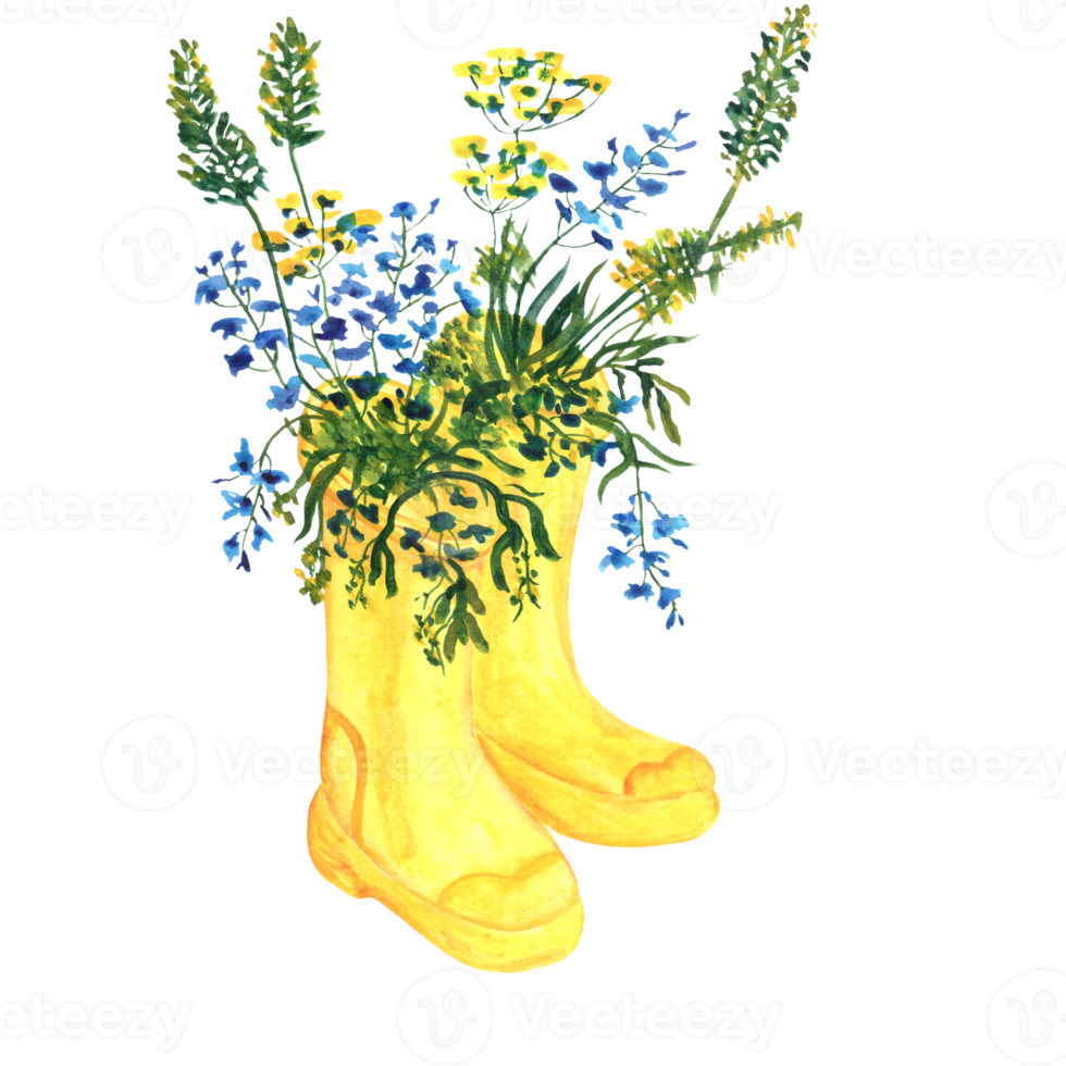 Watercolor yellow boots with flowers png