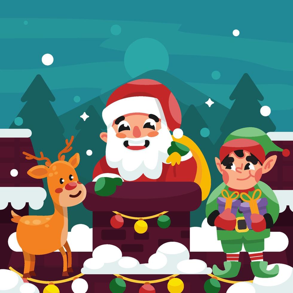 Cute Santa Claus and the Helpers in Christmas Night vector