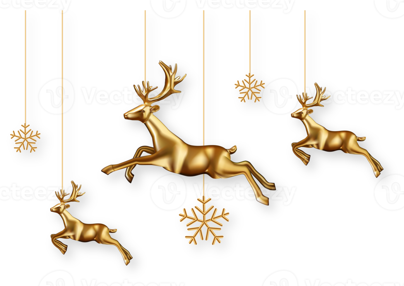 Kerstmis decoratie met gouden hert en sneeuwvlokken png