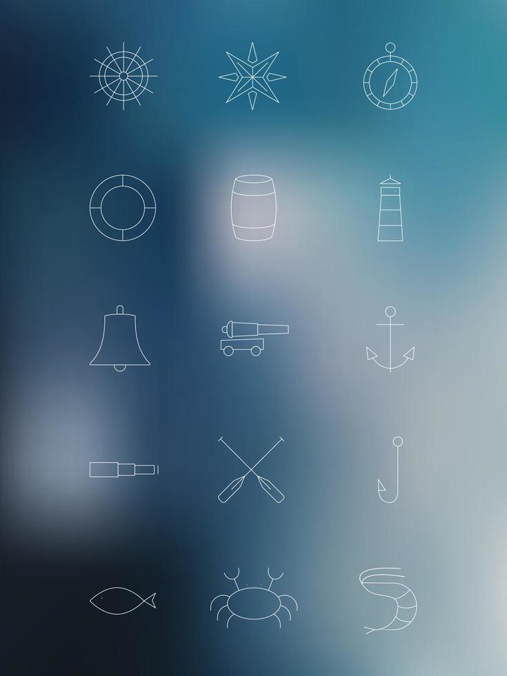Set of marine linear icons on blurred background vector