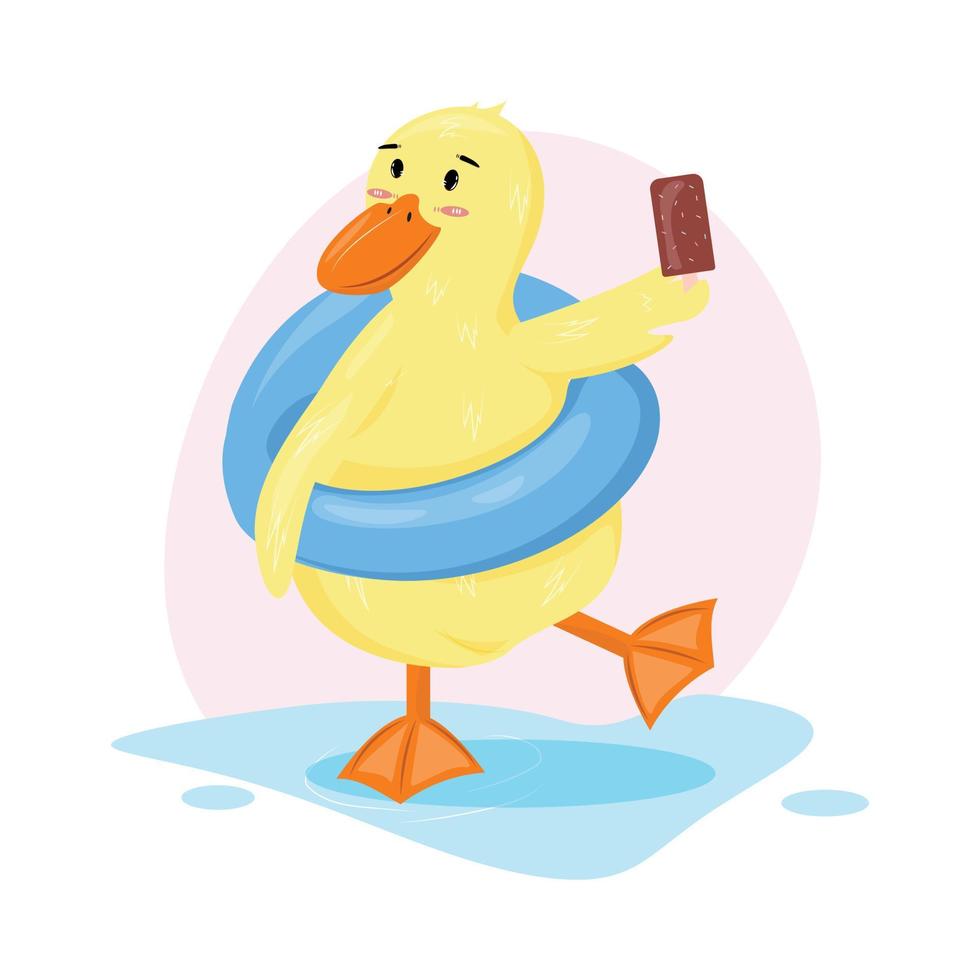 Cartoon illustration with cute yellow duck eating chocolate ice cream. Duck in the swimming ring. Summer cartoon illustration of the duck. vector