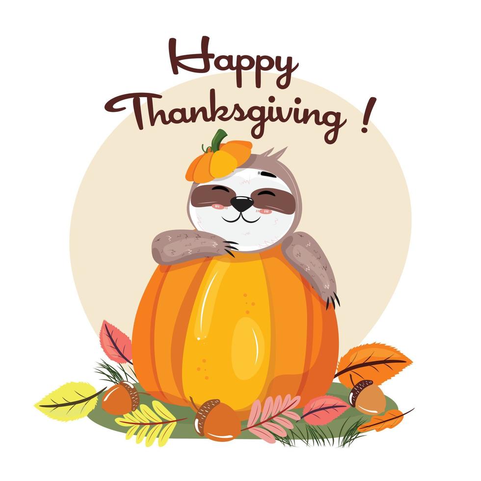 Sloth in the pumpkin. Thanksgiving day illustration with. cute sloth and pumpkin in the leaves. Autumn flat cartoon illustration. vector