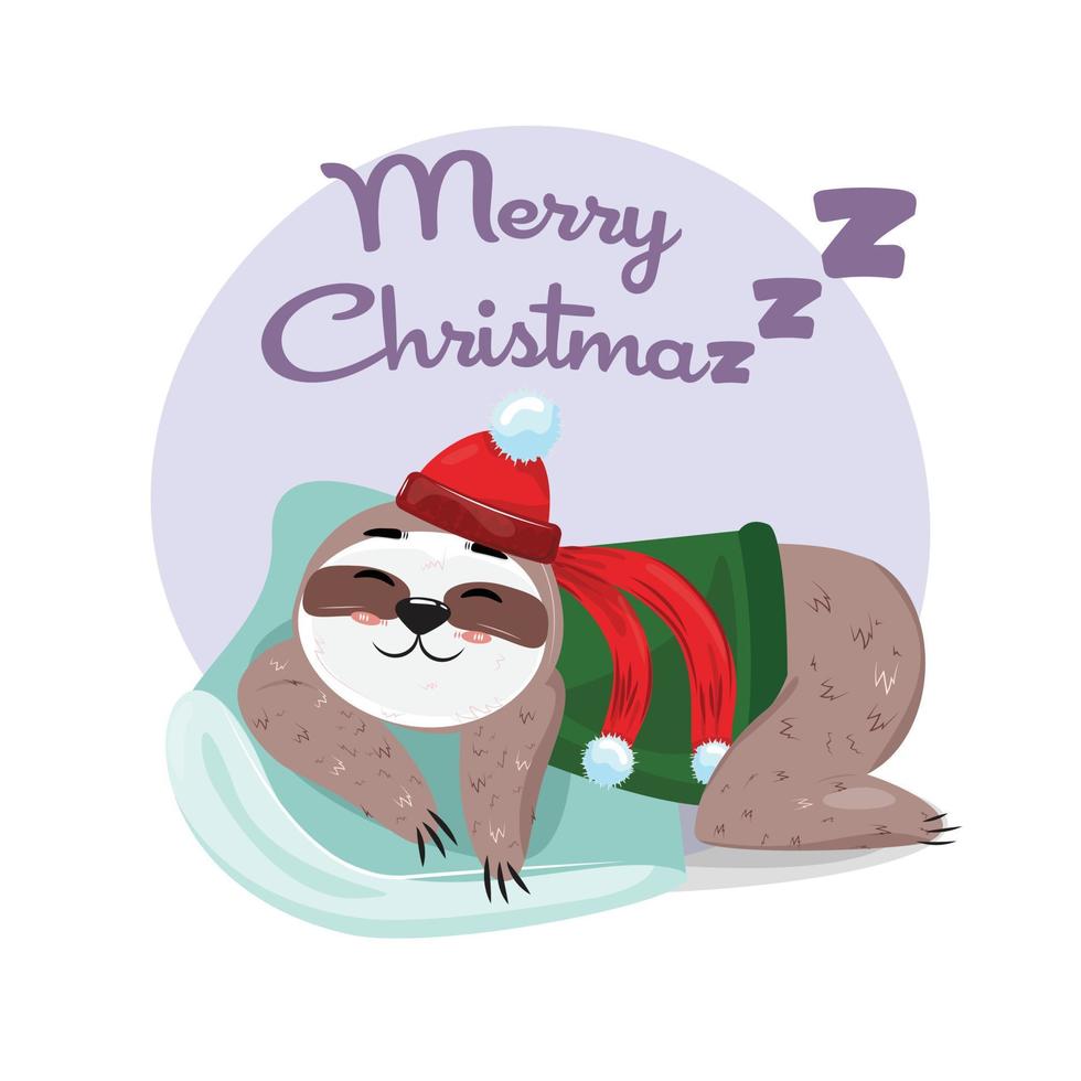 Christmas illustration with a sloth sleeping on the pillow. Vector flat cartoon illustration. For cards, posters, invitation, banners, prints.