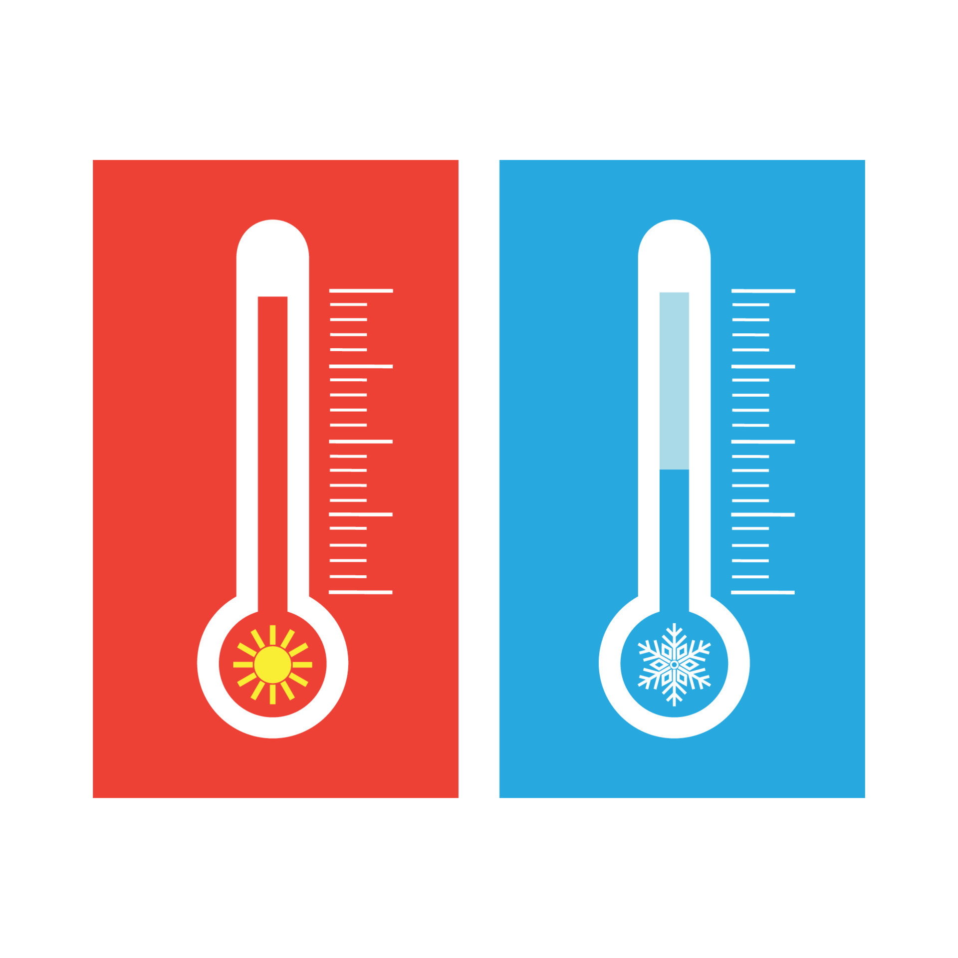 Thermometers Measuring Heat and Cold Temperature. Red and Blue