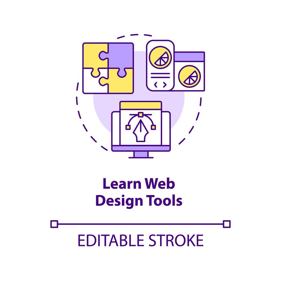 Aprenda el icono del concepto de herramientas de diseño web. gestión de contenido. convertirse en diseñador web idea abstracta ilustración de línea delgada. dibujo de contorno aislado. trazo editable. vector