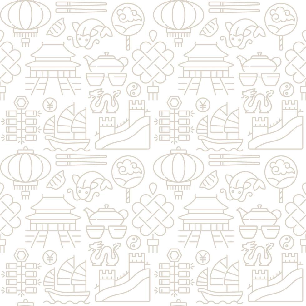 China traditions abstract seamless pattern. Editable vector shapes on white background. Trendy texture with cartoon color icons. Design with graphic elements for interior, fabric, website decoration