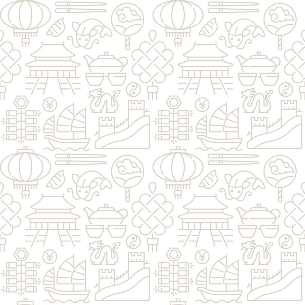 China traditions abstract seamless pattern. Editable vector shapes on white background. Trendy texture with cartoon color icons. Design with graphic elements for interior, fabric, website decoration