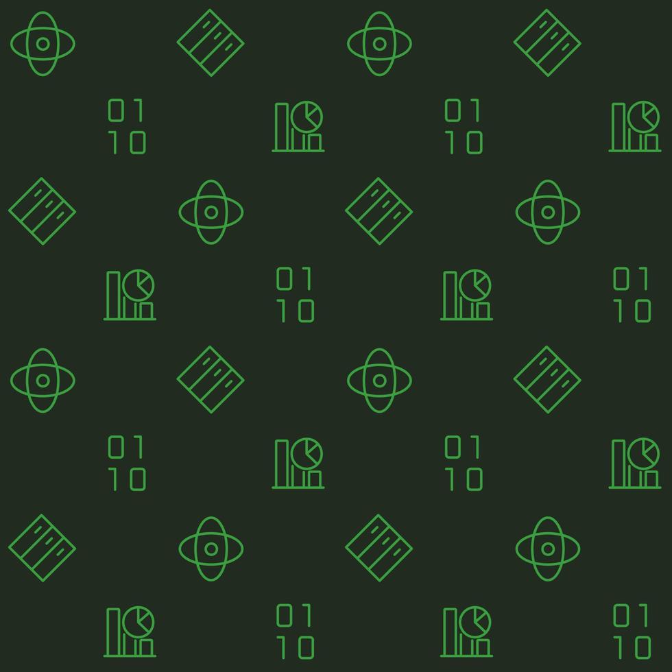 Data mining abstract seamless pattern. Editable vector shapes on dark green background. Trendy texture with cartoon color icons. Design with graphic elements for interior, fabric, website decoration