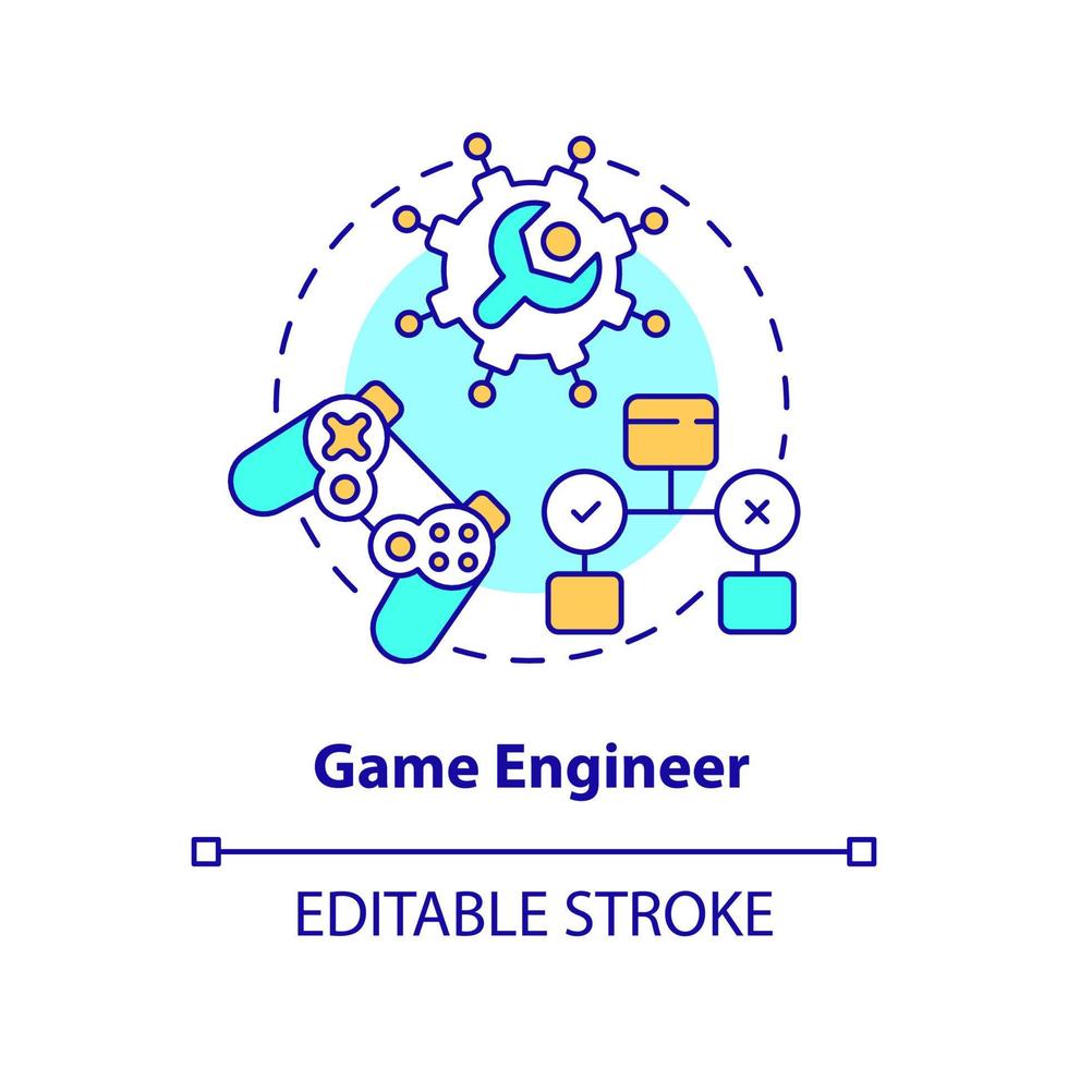 icono de concepto de ingeniero de juegos. campo de entretenimiento. desarrollador de software ruta idea abstracta ilustración de línea delgada. dibujo de contorno aislado. trazo editable. vector