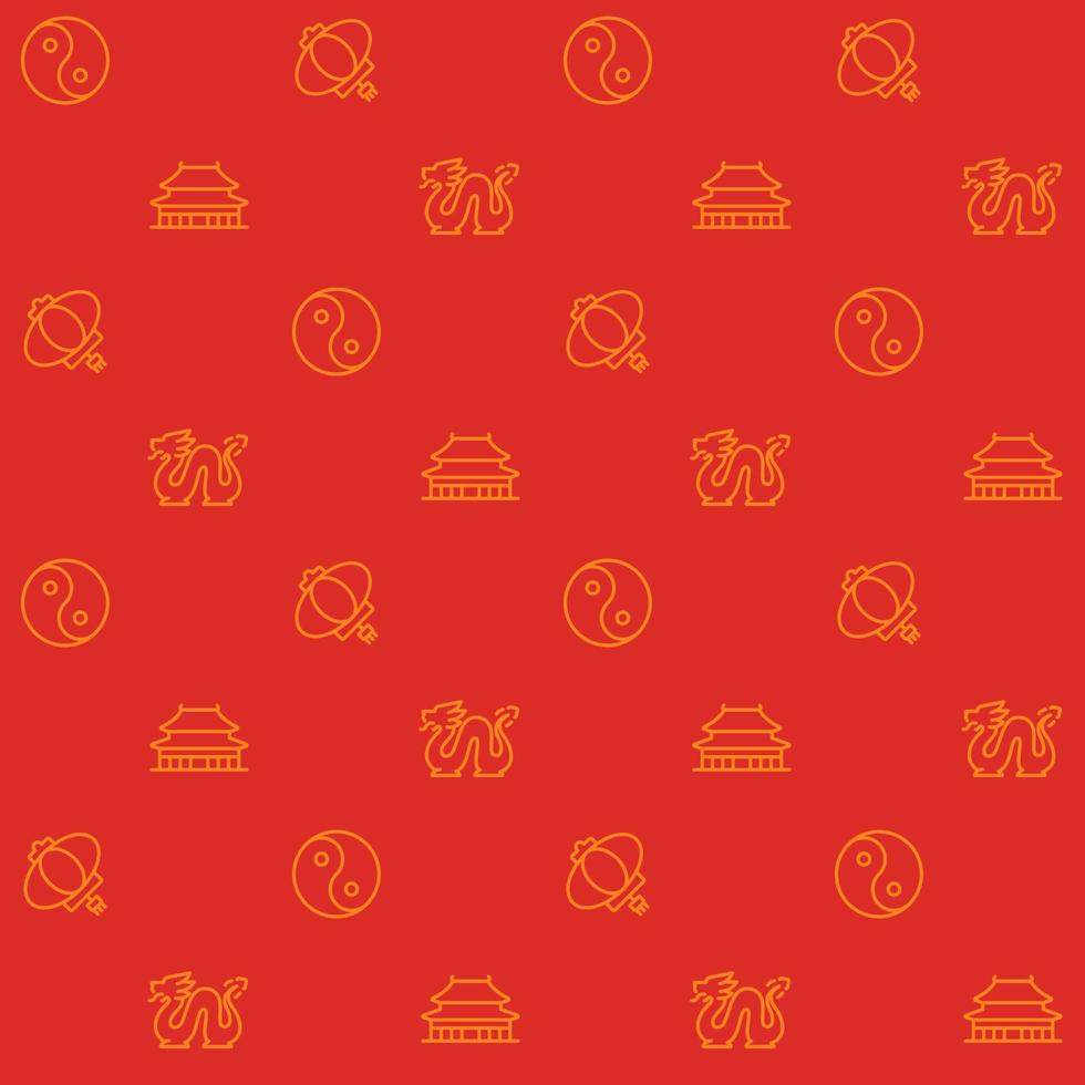 Chinese culture abstract seamless pattern. Editable vector shapes on red background. Trendy texture with cartoon color icons. Design with graphic elements for interior, fabric, website decoration